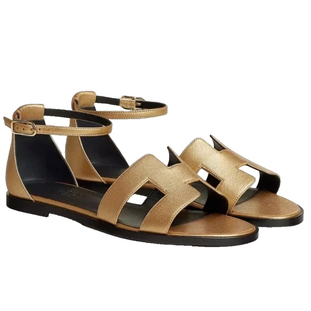 Authentic Hermès metalic Gold leather Sandals Santorini DORE 38 new shoebox